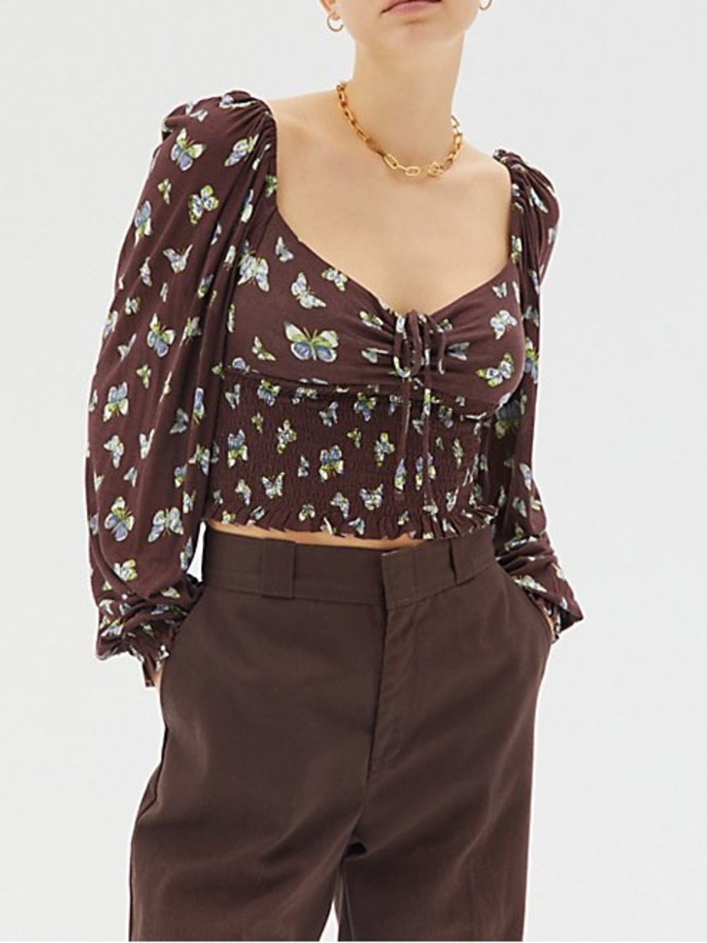 Urban Outfitters Brown Butterfly Smocked Off-Shoulder Crop Top